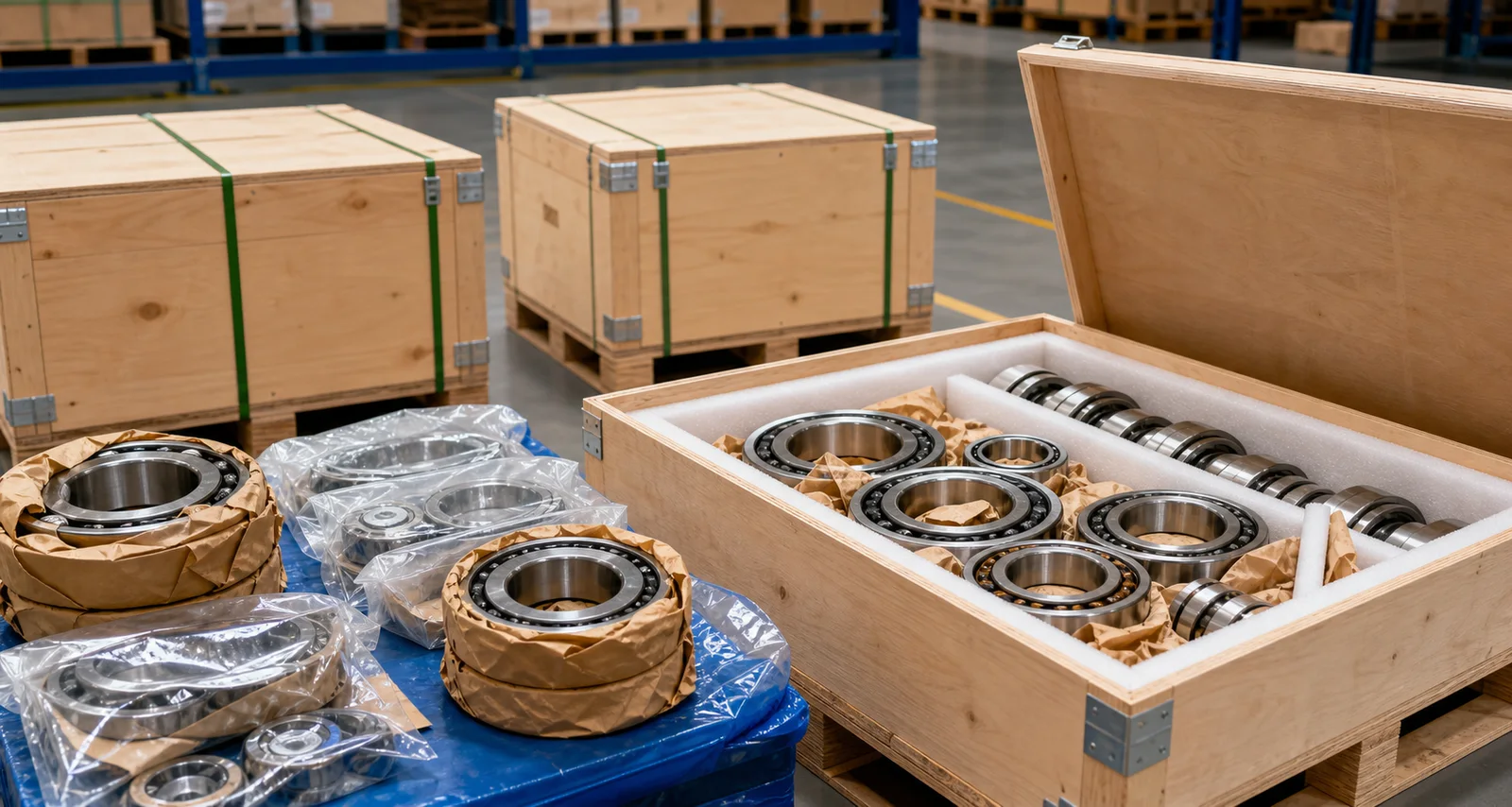 Industrial bearings protected in export packing crates