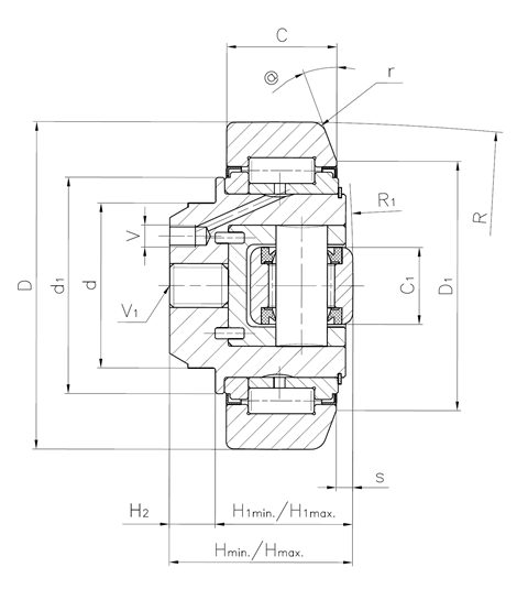 MR.961-MR.968 screw adjustable combined bearing technical drawing